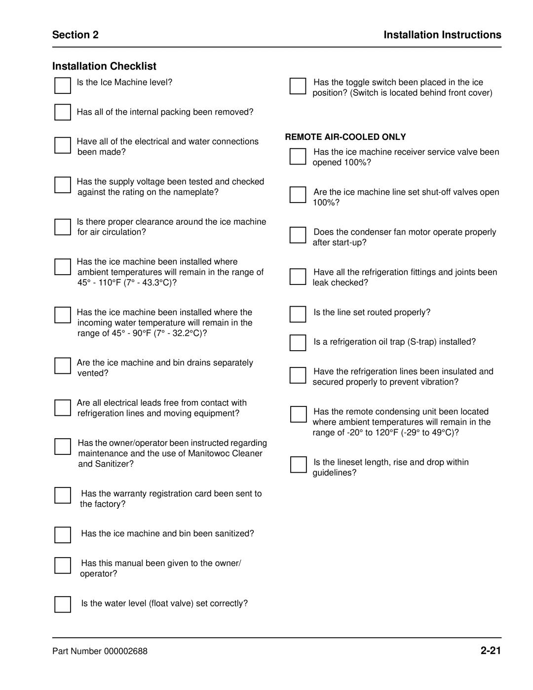 Manitowoc Ice QF0400, QF2300, QF0800 manual Section Installation Instructions Installation Checklist, Remote AIR-COOLED only 