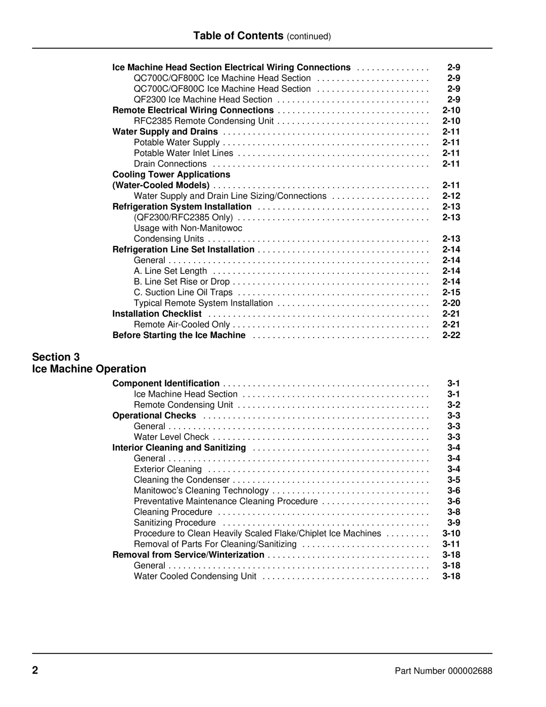 Manitowoc Ice QF2300, QF0800, QC0700, QF0400 manual Table of Contents, Section Ice Machine Operation 