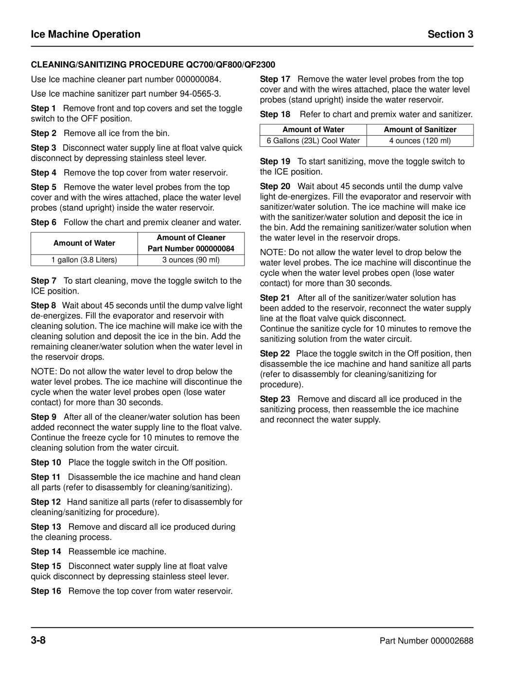 Manitowoc Ice QF0800, QC0700, QF0400 CLEANING/SANITIZING Procedure QC700/QF800/QF2300, Amount of Water Amount of Cleaner 