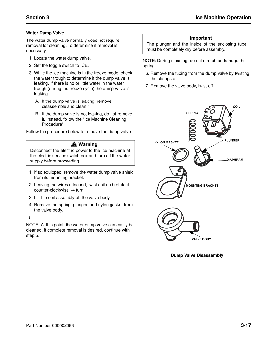 Manitowoc Ice QF0800, QF2300, QC0700, QF0400 manual Water Dump Valve, Dump Valve Disassembly 