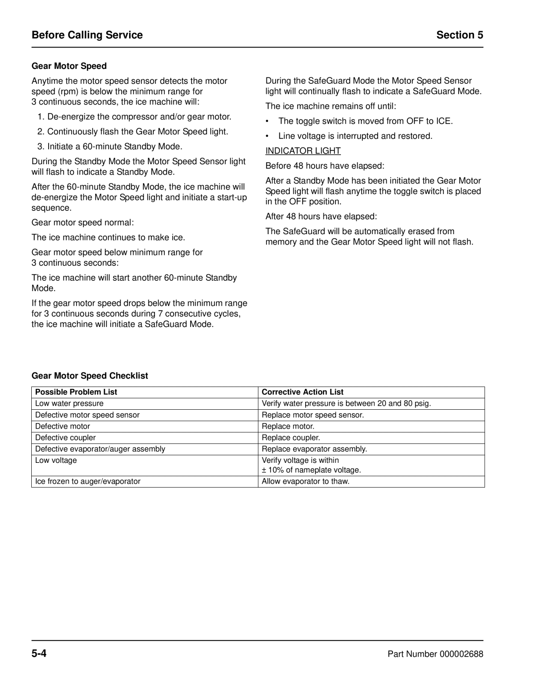 Manitowoc Ice QF2300, QF0800, QC0700, QF0400 manual Before Calling Service Section, Gear Motor Speed Checklist 