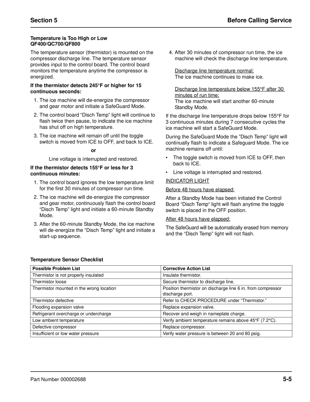 Manitowoc Ice QF0800, QF2300, QC0700, QF0400 Temperature is Too High or Low QF400/QC700/QF800, Temperature Sensor Checklist 