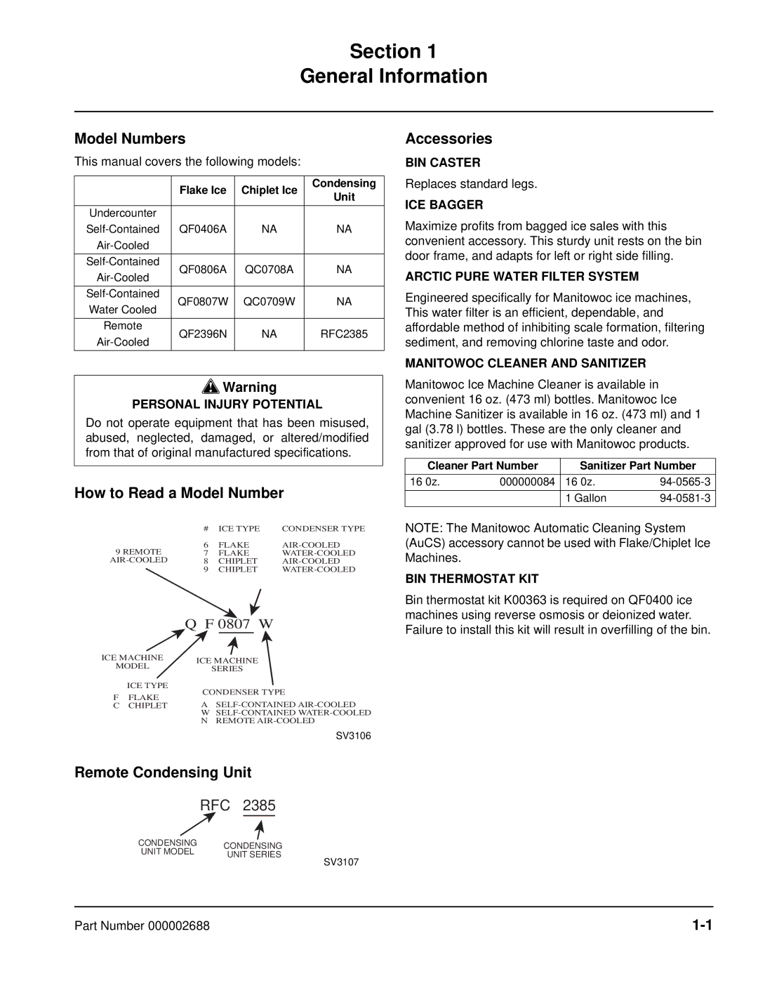 Manitowoc Ice QF0400, QF2300, QF0800, QC0700 Model Numbers, How to Read a Model Number, Remote Condensing Unit, Accessories 