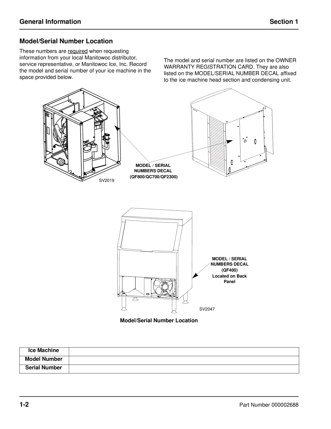 Manitowoc Ice QF2300, QF0800, QC0700, QF0400 manual General Information Section Model/Serial Number Location 