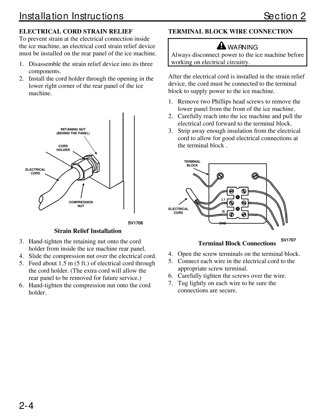 Manitowoc Ice QM20 service manual Electrical Cord Strain Relief, Strain Relief Installation, Terminal Block Wire Connection 