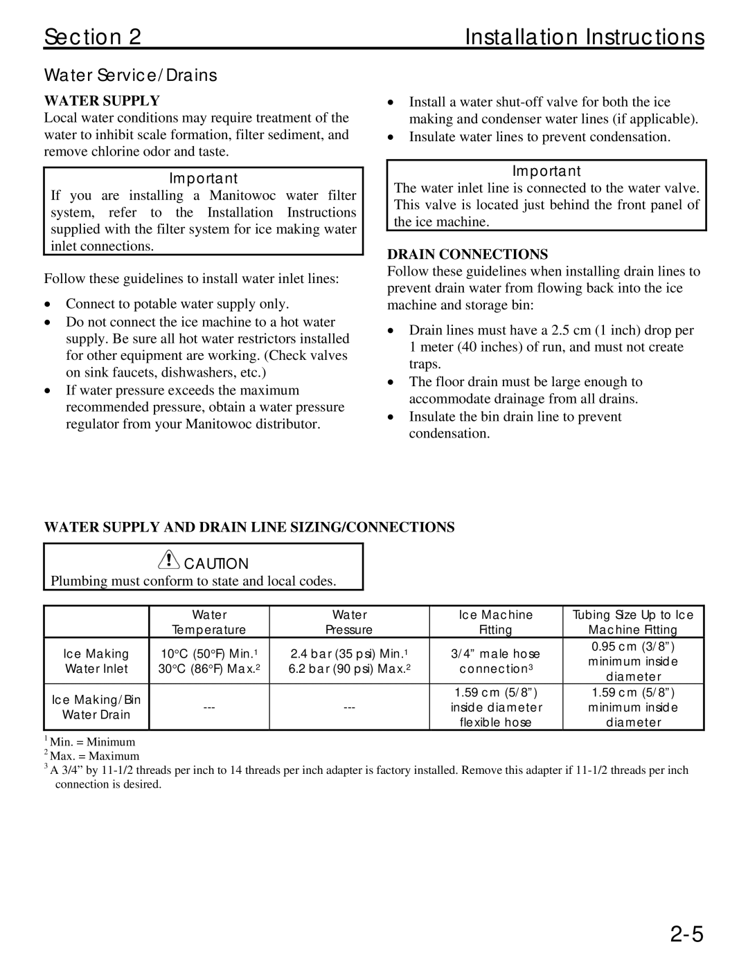 Manitowoc Ice QM20 Water Service/Drains, Drain Connections, Water Supply and Drain Line SIZING/CONNECTIONS 