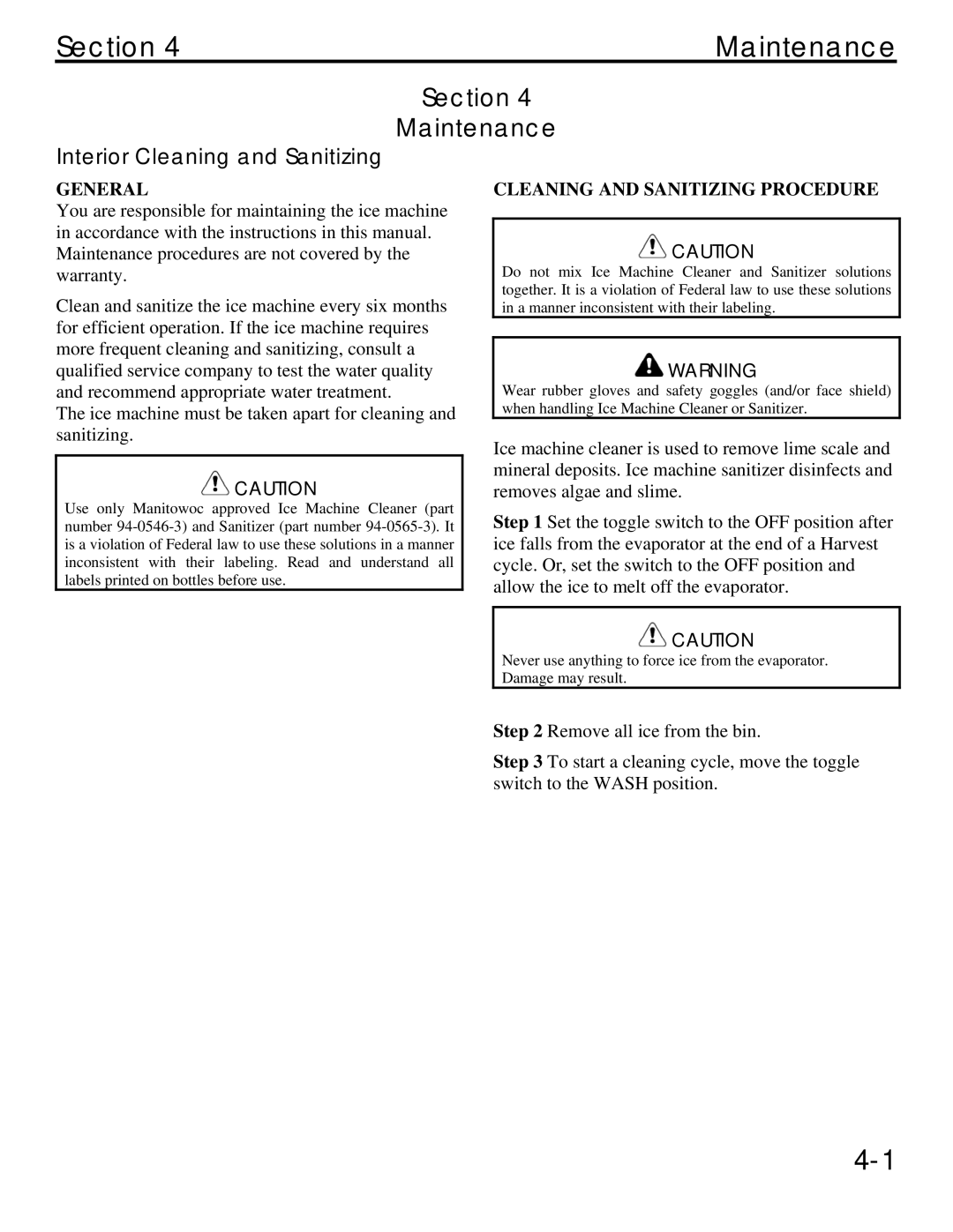 Manitowoc Ice QM20 service manual Section Maintenance, Interior Cleaning and Sanitizing, Cleaning and Sanitizing Procedure 