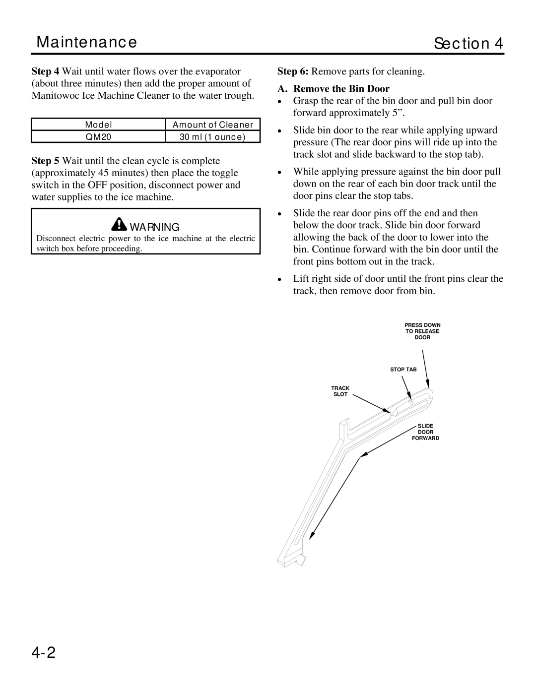 Manitowoc Ice QM20 service manual Maintenance Section, Remove the Bin Door 