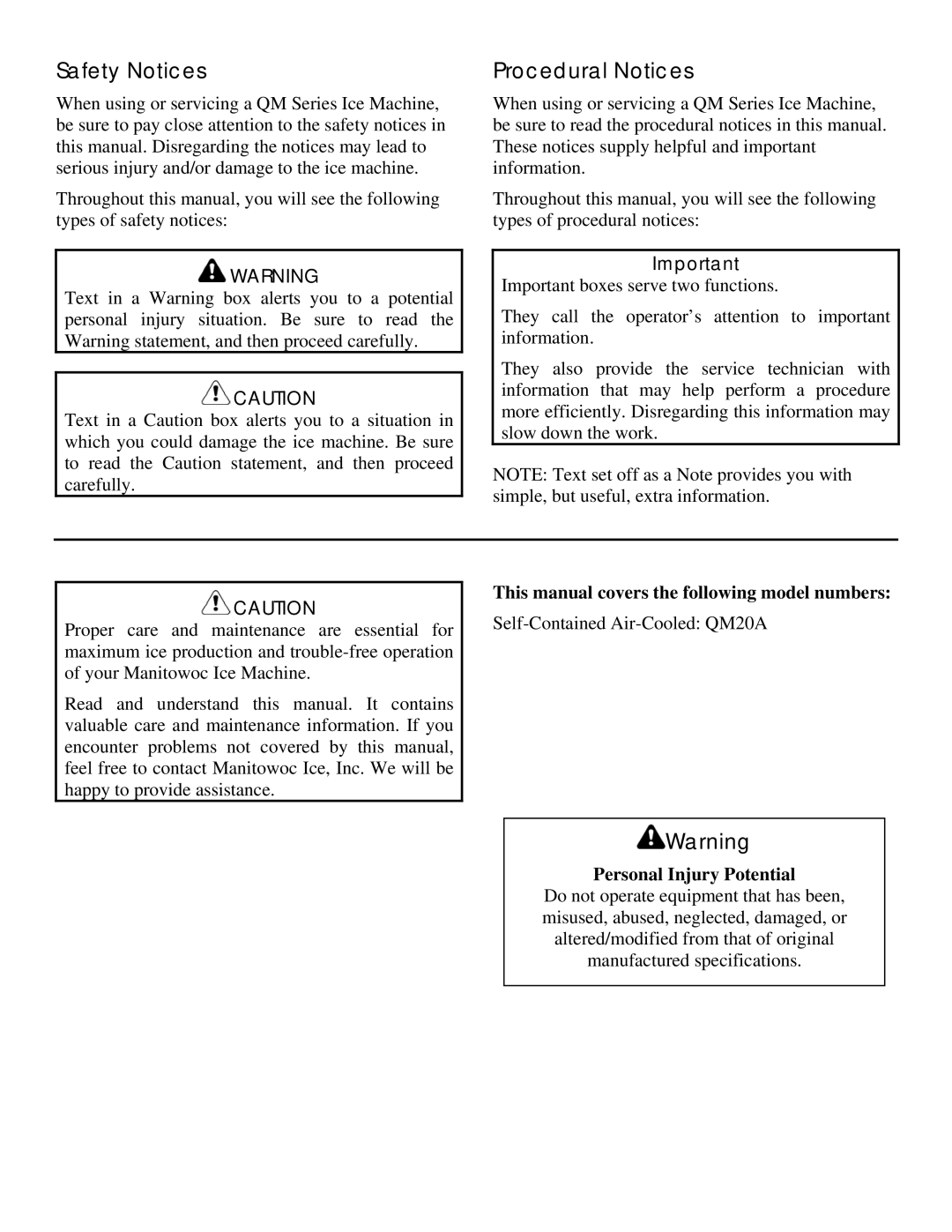 Manitowoc Ice QM20 service manual Safety Notices, Procedural Notices, This manual covers the following model numbers 