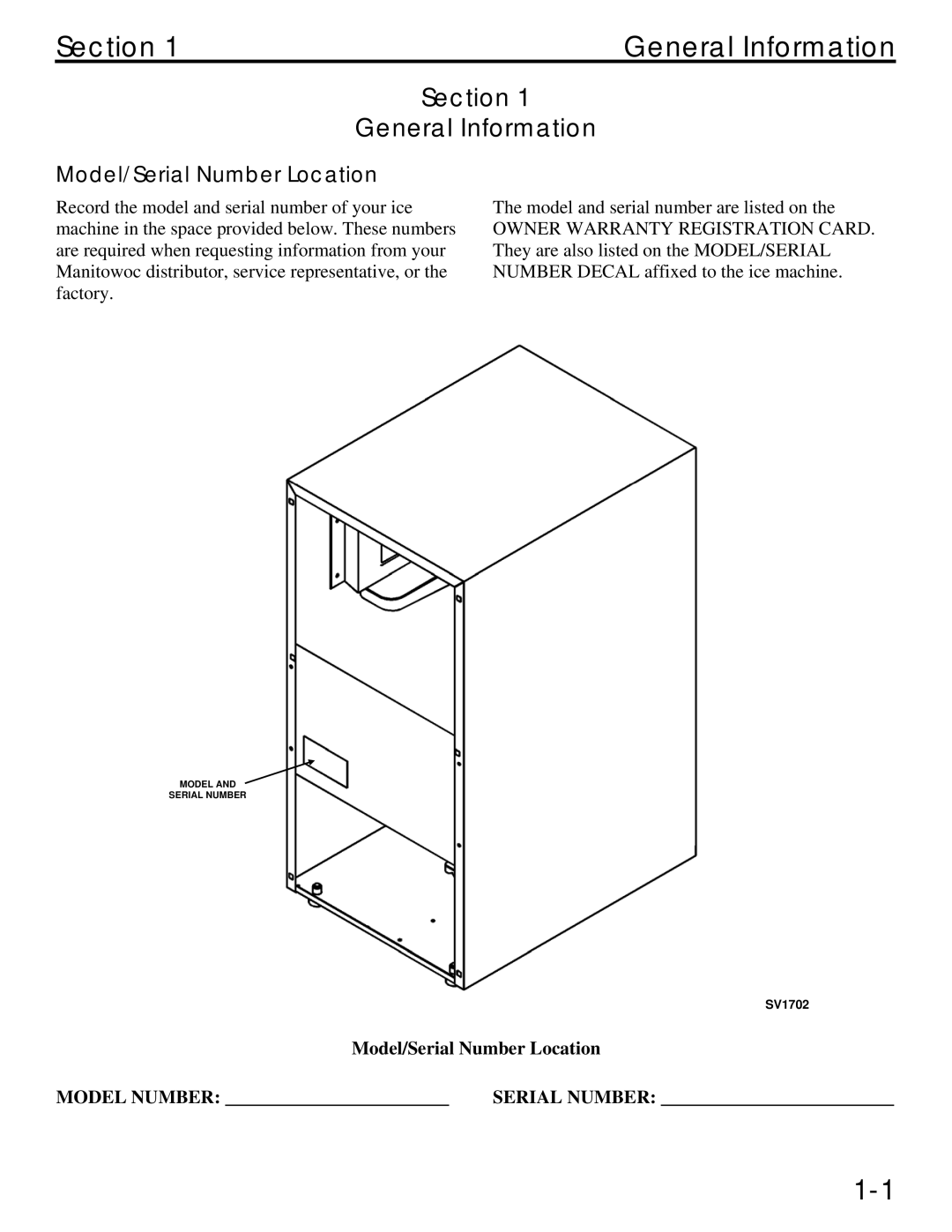 Manitowoc Ice QM20 service manual Section General Information, Model/Serial Number Location Model Number 