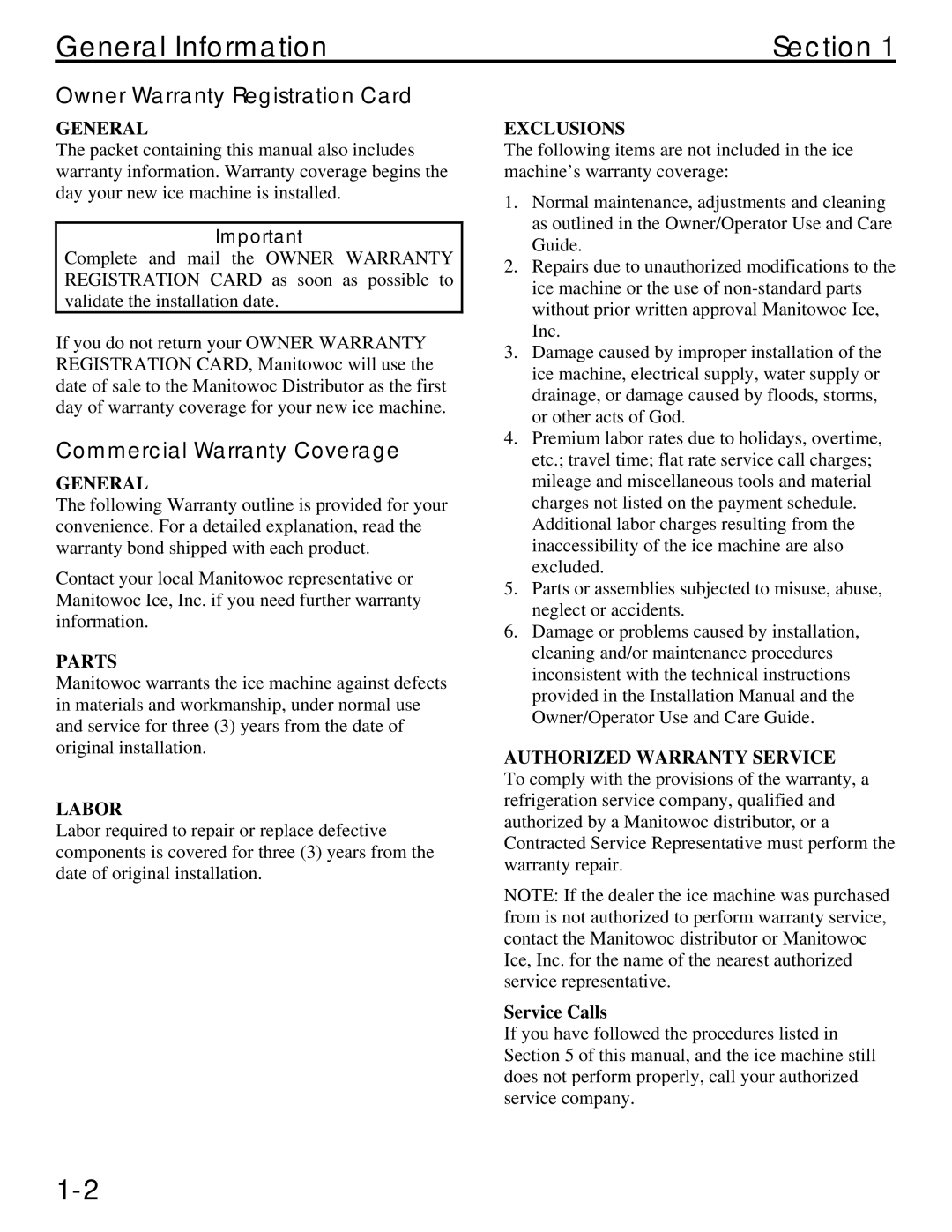 Manitowoc Ice QM20 General Information Section, Owner Warranty Registration Card, Commercial Warranty Coverage 