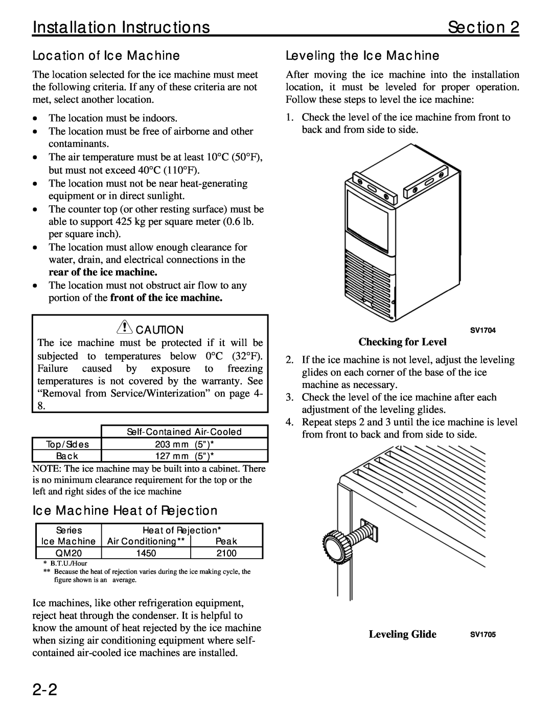 Manitowoc Ice QM20 Installation Instructions, Location of Ice Machine, Ice Machine Heat of Rejection, Checking for Level 