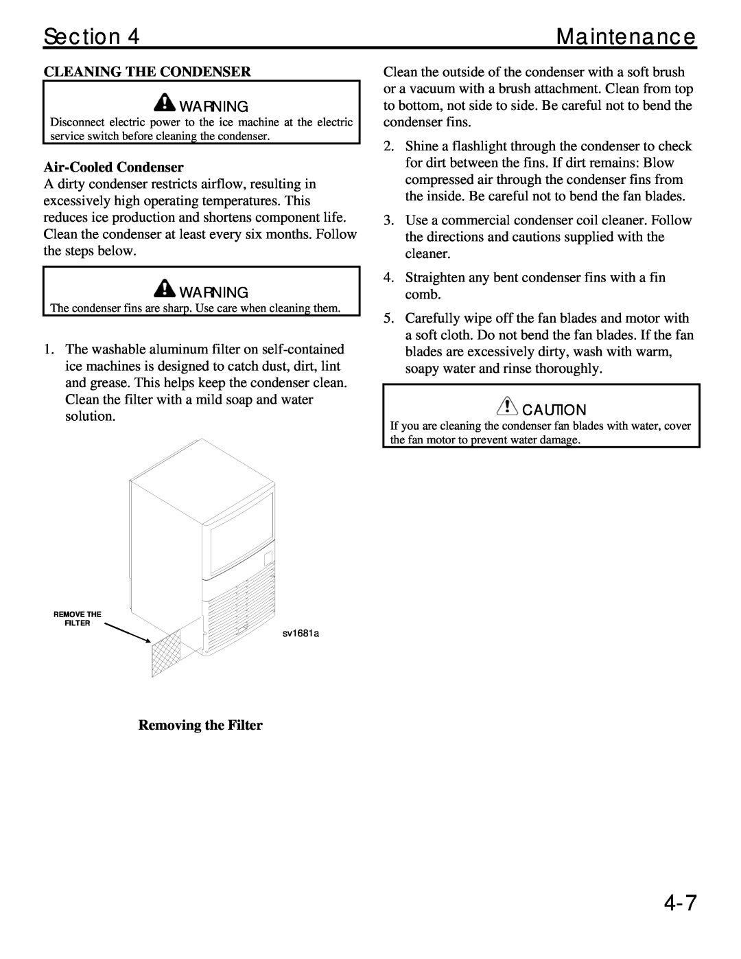 Manitowoc Ice QM20 service manual Cleaning The Condenser, Air-Cooled Condenser, Removing the Filter, Section, Maintenance 