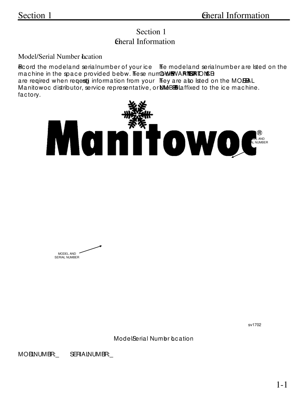 Manitowoc Ice QM30 Series specifications Section General Information, Model/Serial Number Location 