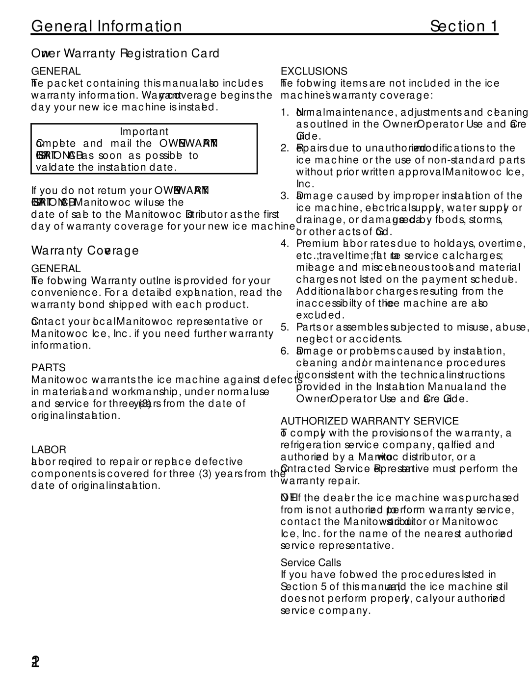 Manitowoc Ice QM30 Series specifications General Information Section, Owner Warranty Registration Card, Warranty Coverage 