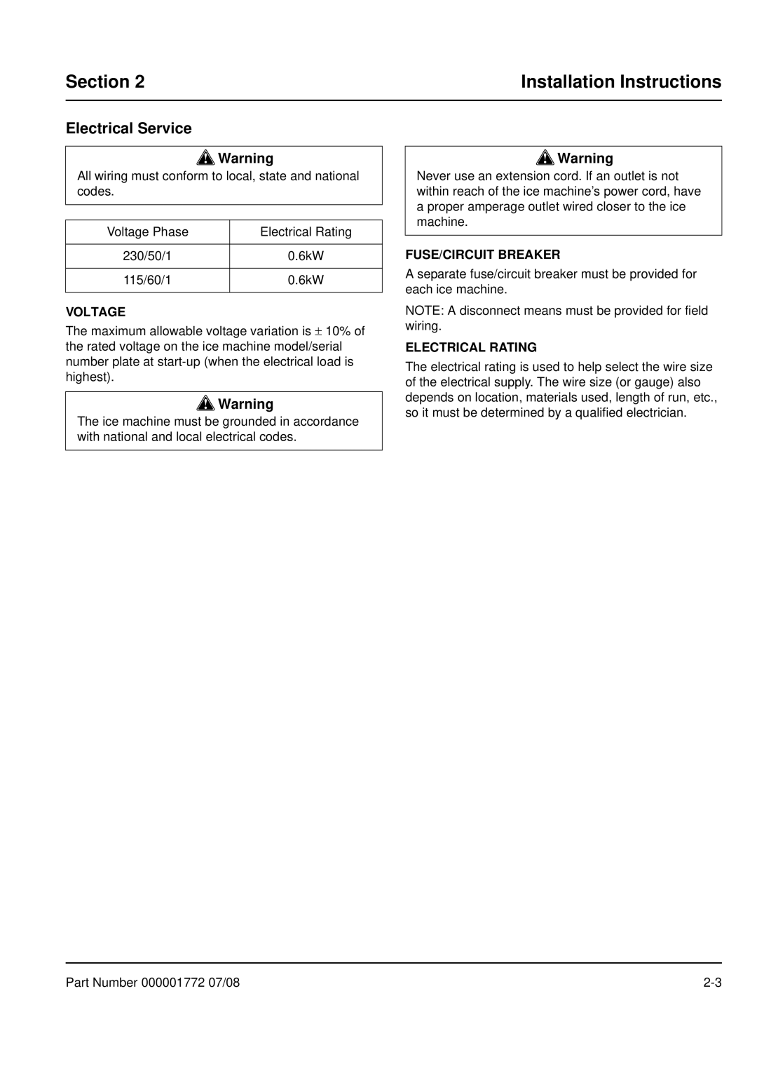 Manitowoc Ice QM30 manual Installation Instructions, Electrical Service, Voltage, FUSE/CIRCUIT Breaker, Electrical Rating 