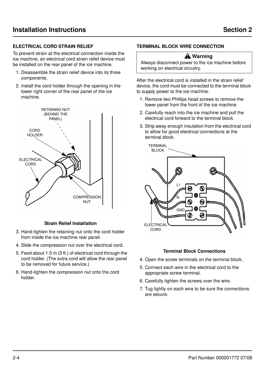 Manitowoc Ice QM30 manual Electrical Cord Strain Relief, Strain Relief Installation, Terminal Block Wire Connection 