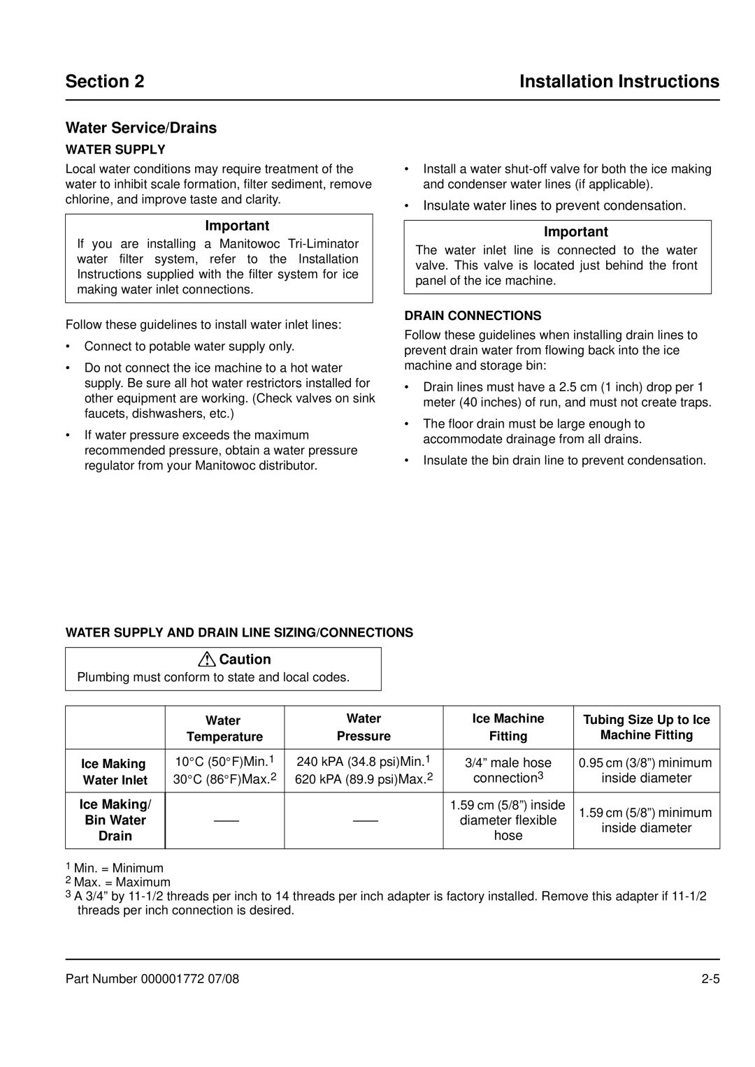 Manitowoc Ice QM30 manual Water Service/Drains, Drain Connections, Water Supply and Drain Line SIZING/CONNECTIONS 