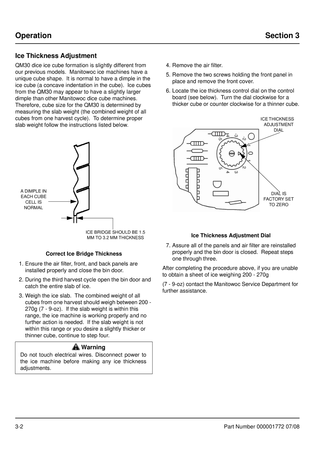 Manitowoc Ice QM30 manual Operation, Correct Ice Bridge Thickness, Ice Thickness Adjustment Dial 