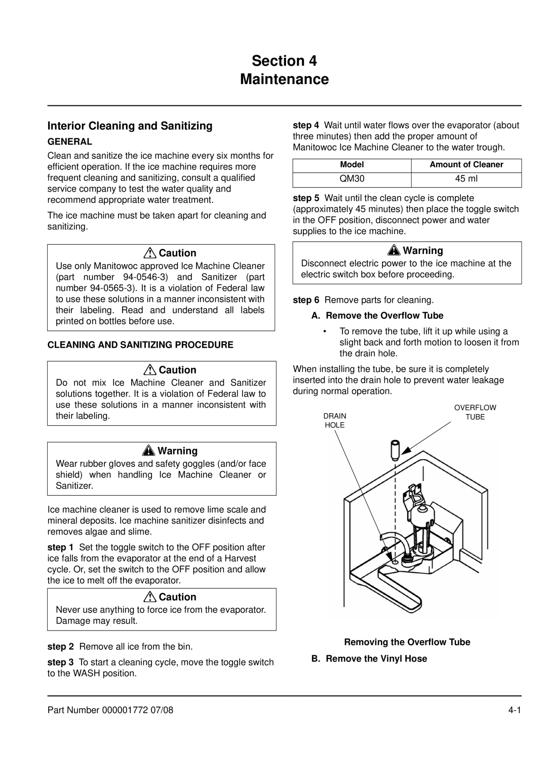 Manitowoc Ice Interior Cleaning and Sanitizing, Cleaning and Sanitizing Procedure, QM30 45 ml, Remove the Overflow Tube 