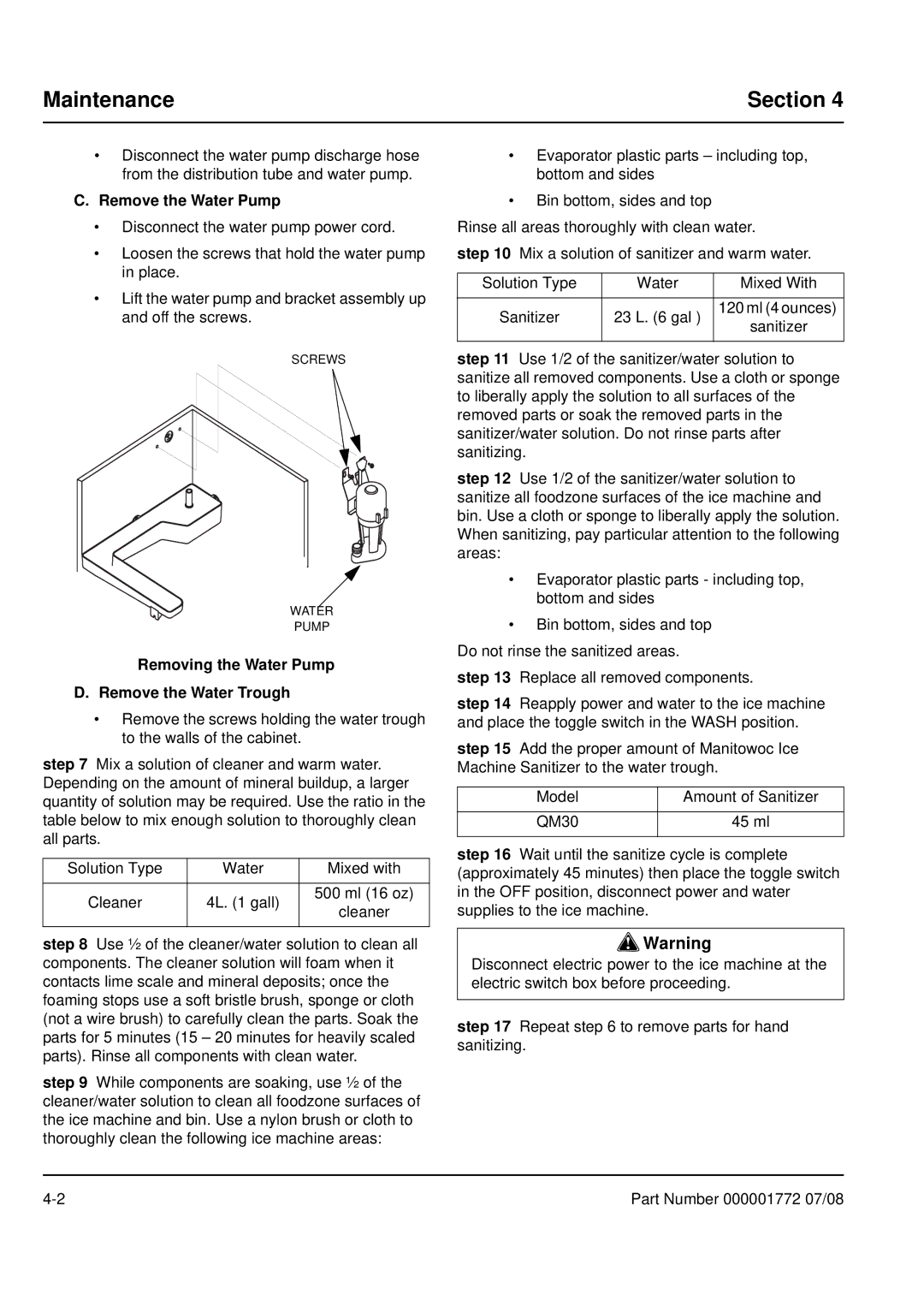 Manitowoc Ice QM30 manual Maintenance, Remove the Water Pump, Removing the Water Pump Remove the Water Trough 