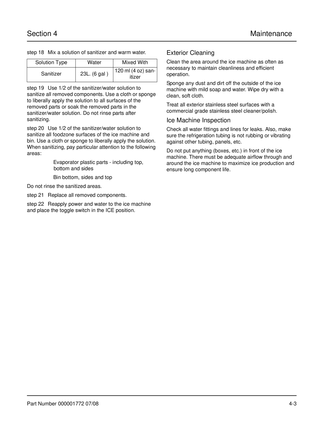 Manitowoc Ice QM30 manual Maintenance, Exterior Cleaning 