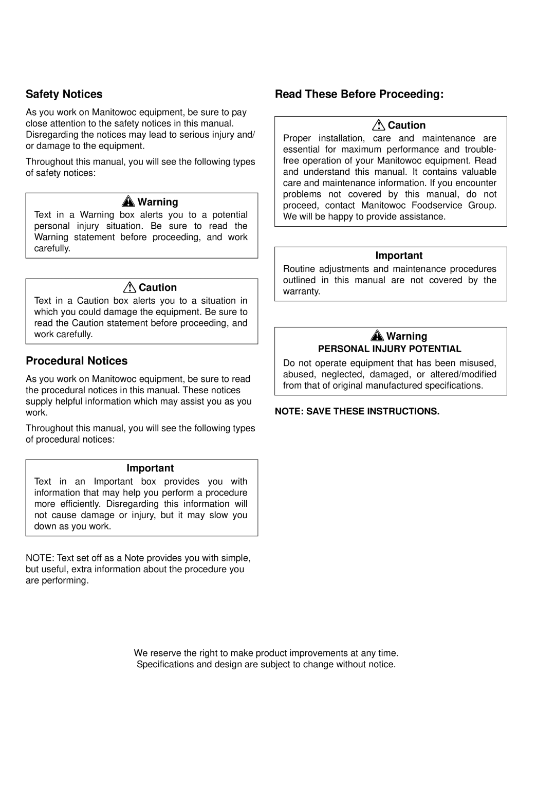 Manitowoc Ice QM30 manual Safety Notices, Procedural Notices, Read These Before Proceeding, Personal Injury Potential 