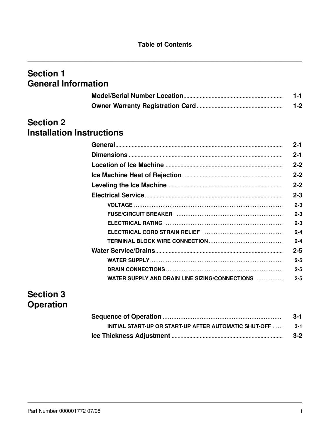 Manitowoc Ice QM30 manual Table of Contents, Sequence of Operation, Water Supply and Drain Line SIZING/CONNECTIONS …………… 