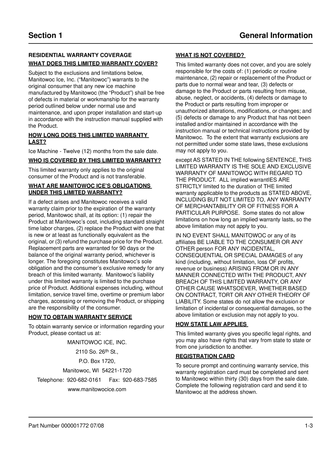 Manitowoc Ice QM30 manual Section, General Information 