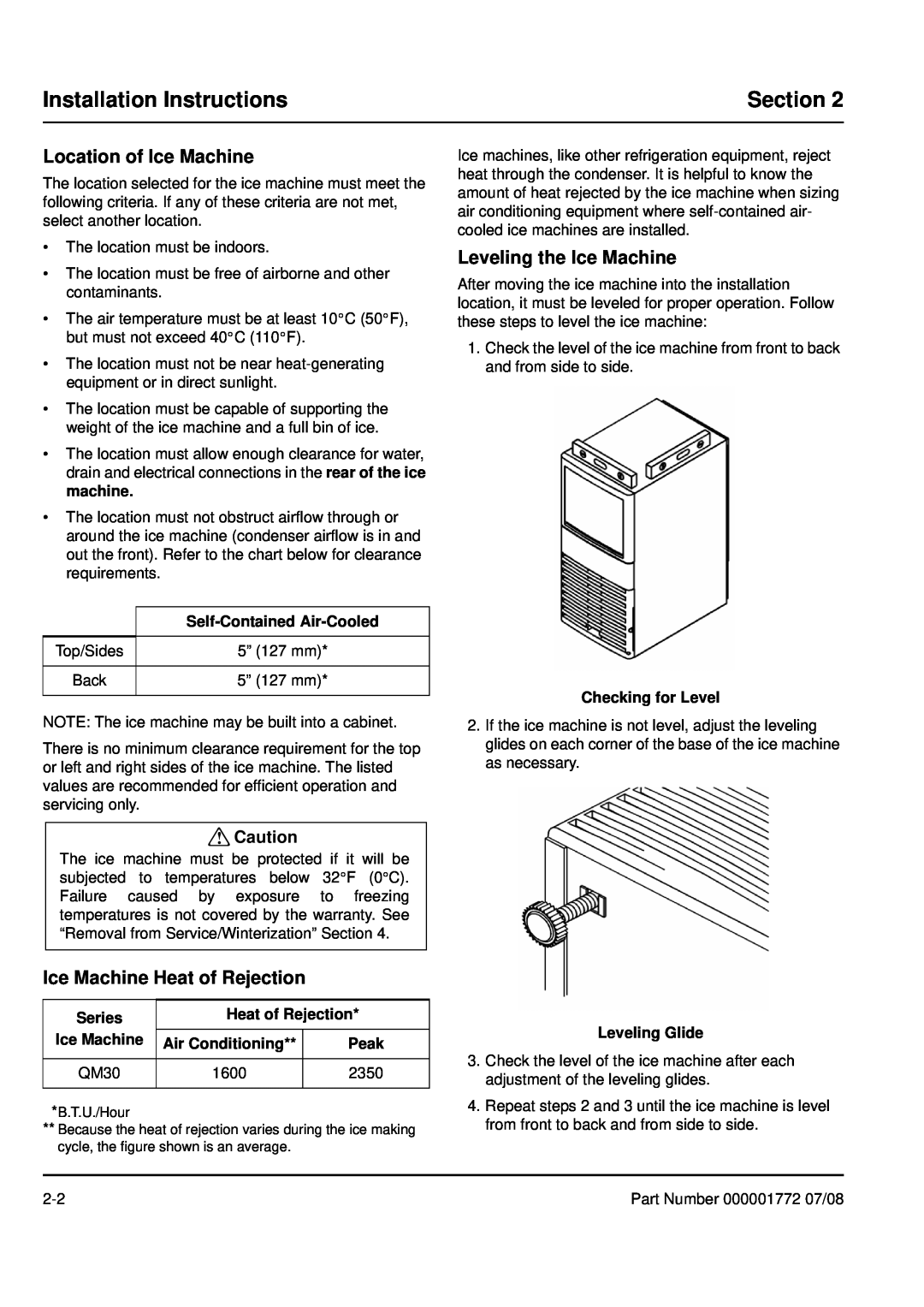 Manitowoc Ice QM30 Installation Instructions, Section, Self-Contained Air-Cooled, Series, Heat of Rejection, Ice Machine 