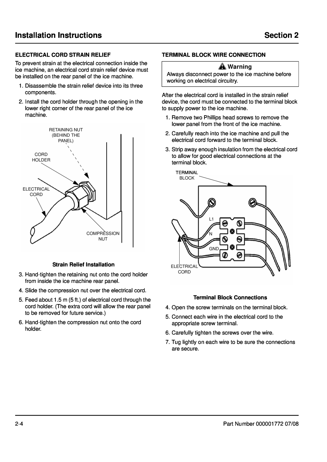 Manitowoc Ice QM30 manual Installation Instructions, Section, Electrical Cord Strain Relief, Strain Relief Installation 
