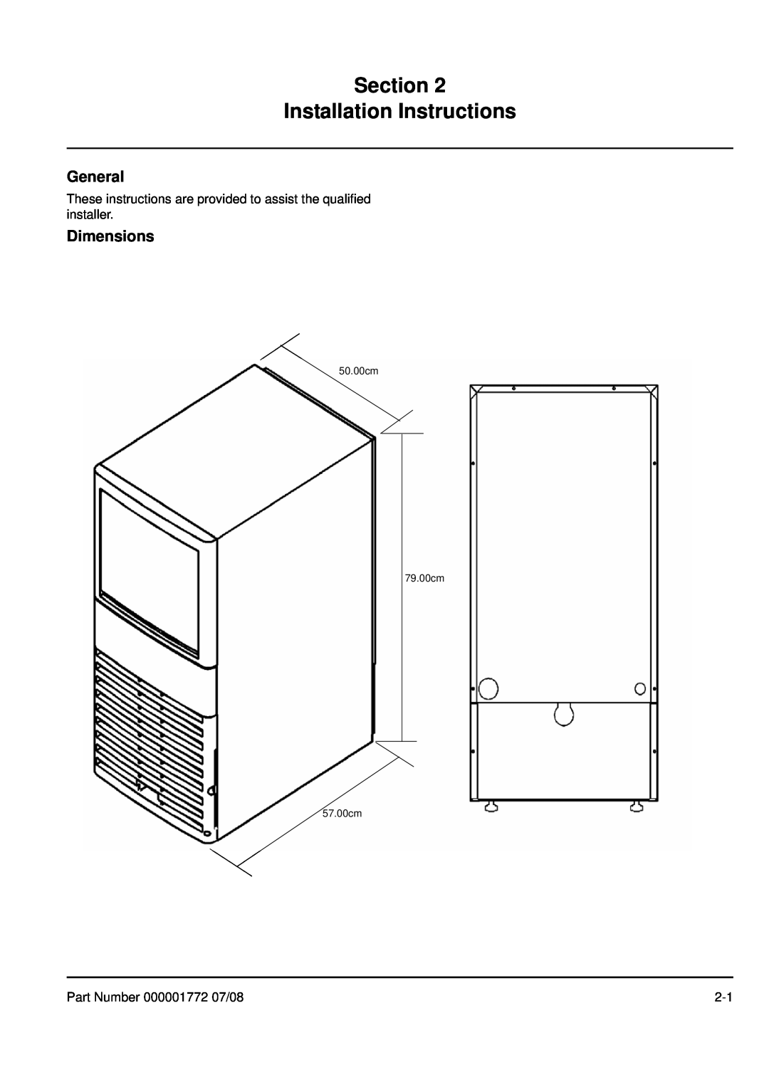 Manitowoc Ice QM30 manual Section Installation Instructions, General, Dimensions, Part Number 000001772 07/08 