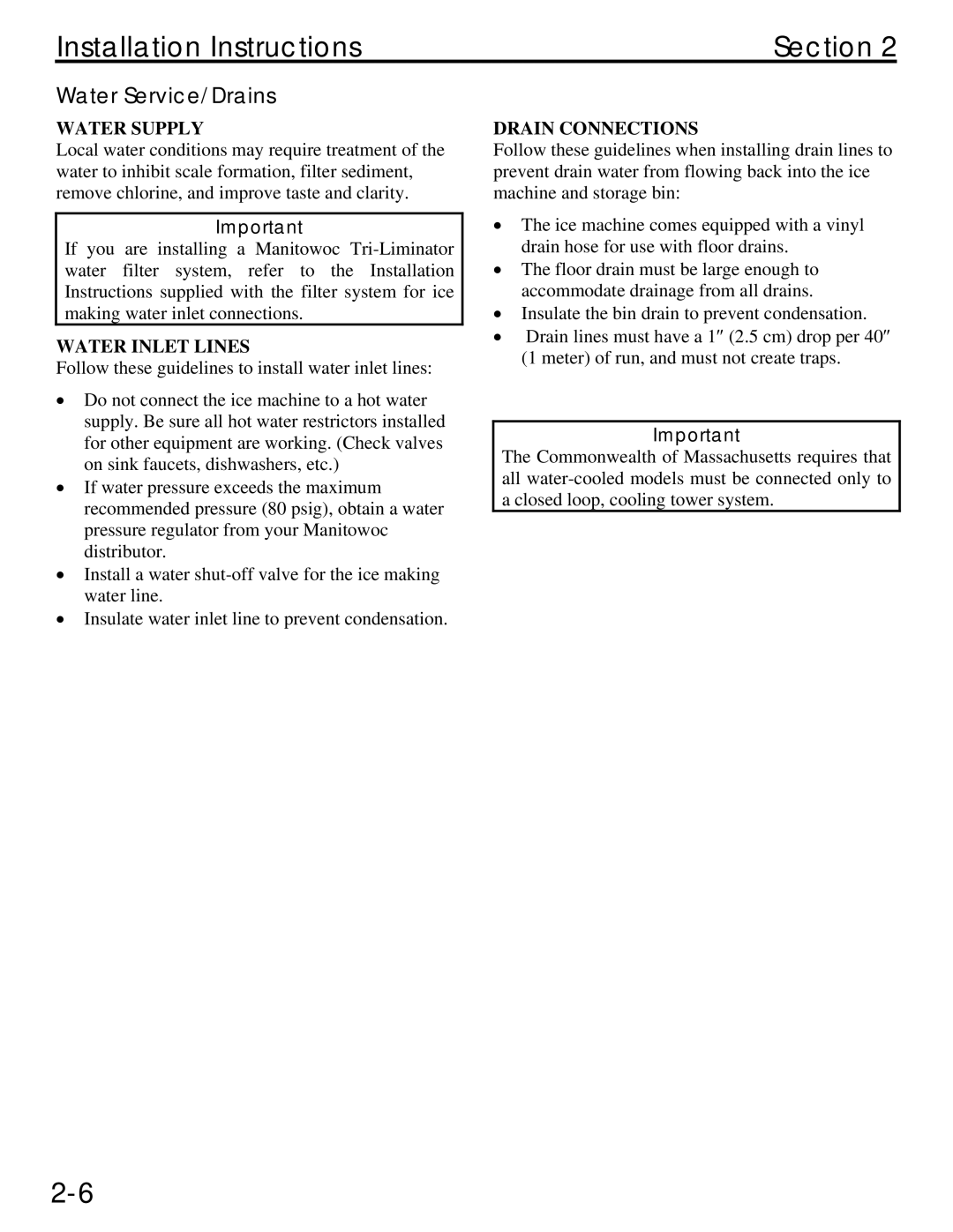 Manitowoc Ice QM45 Series service manual Water Service/Drains, Water Supply, Water Inlet Lines, Drain Connections 