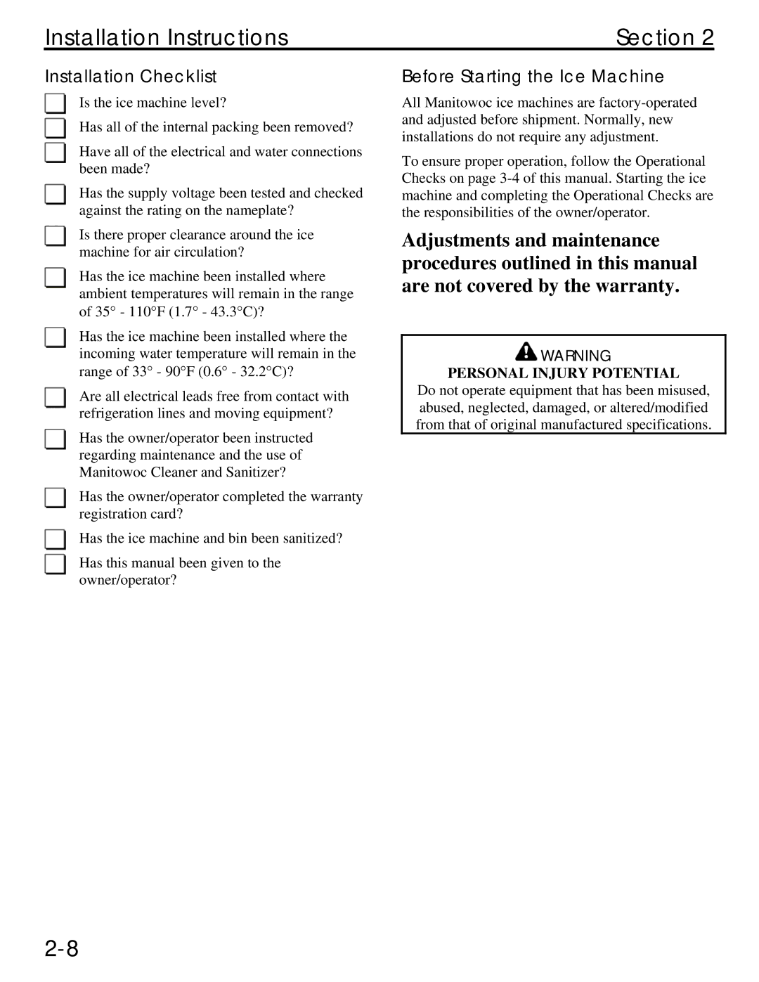 Manitowoc Ice QM45 Series service manual Installation Checklist, Before Starting the Ice Machine, Personal Injury Potential 