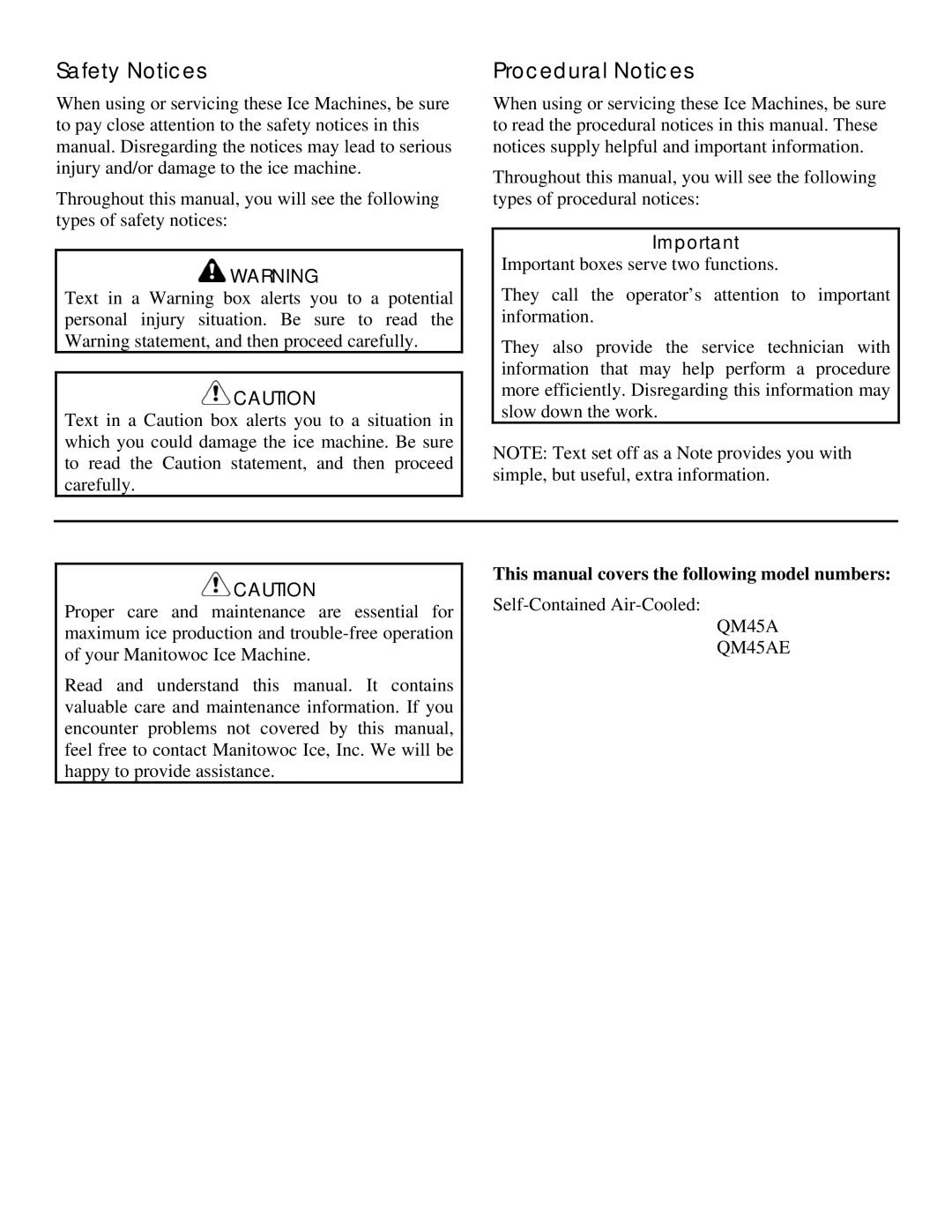 Manitowoc Ice QM45 Series service manual Safety Notices, Procedural Notices, This manual covers the following model numbers 