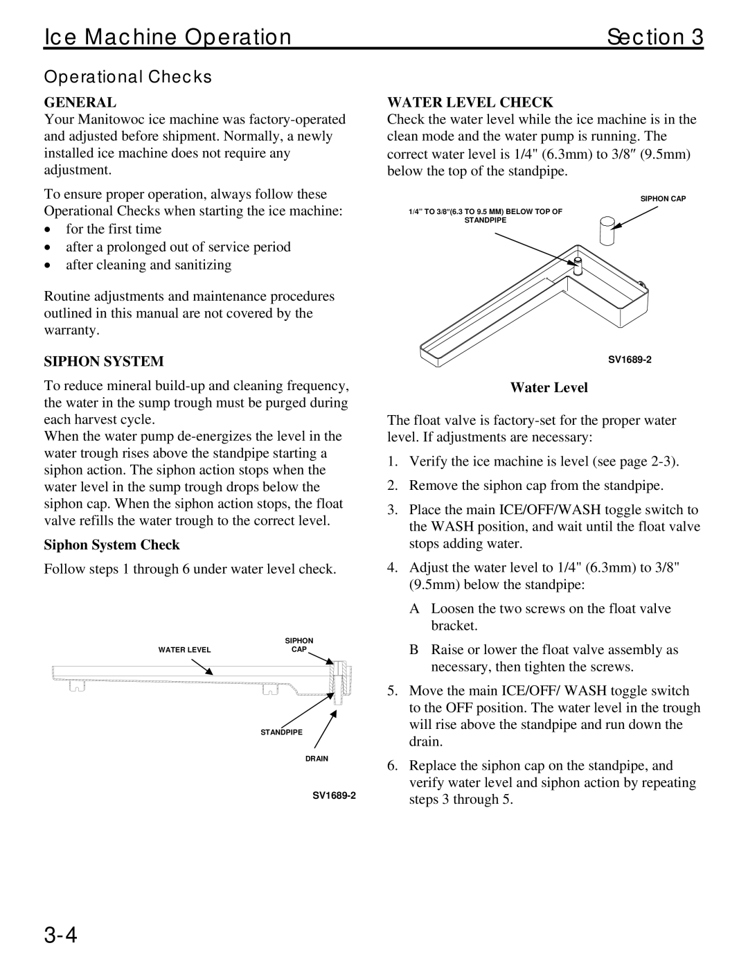 Manitowoc Ice QM45 Series service manual Operational Checks, Siphon System Check, Water Level Check 