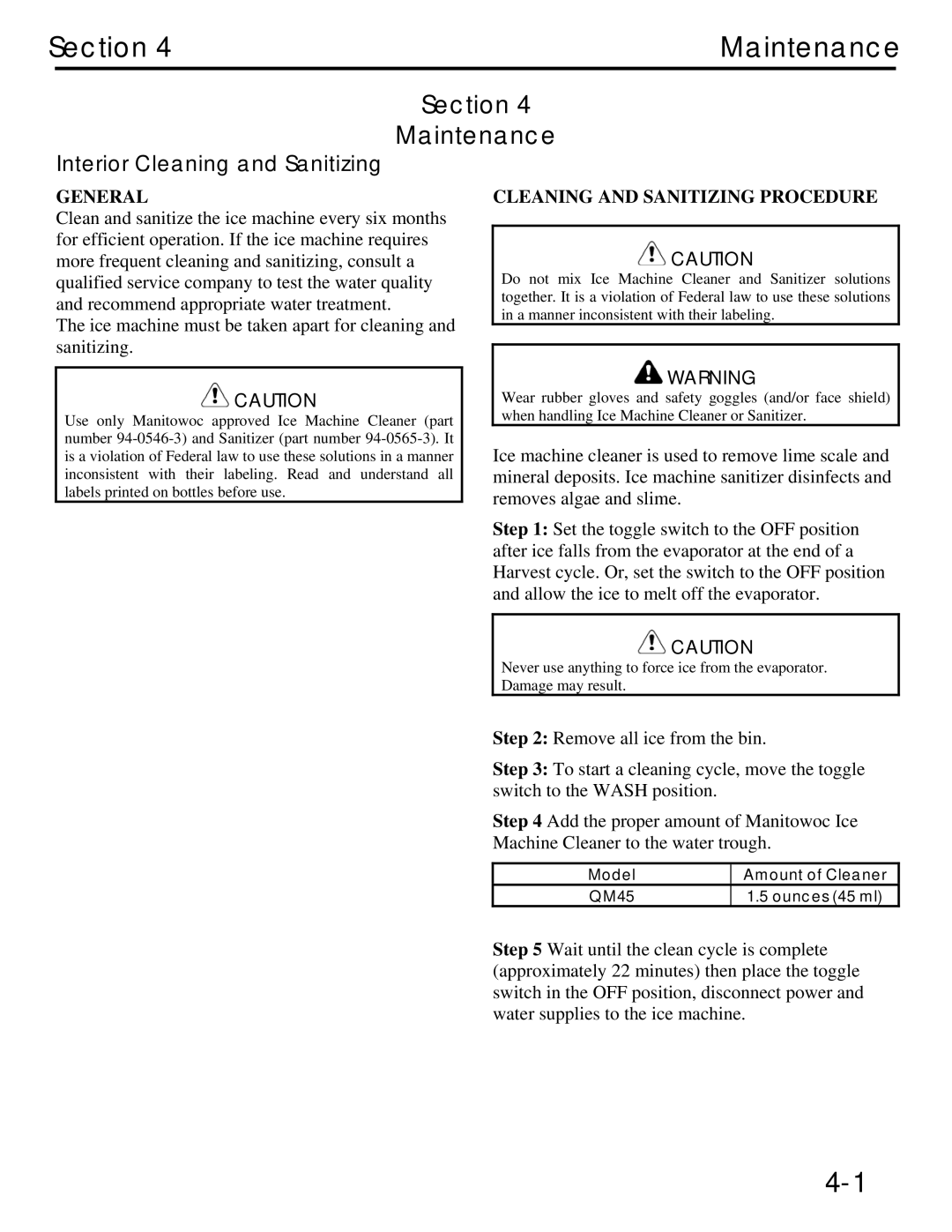 Manitowoc Ice QM45 Series Section Maintenance, Interior Cleaning and Sanitizing, Cleaning and Sanitizing Procedure 
