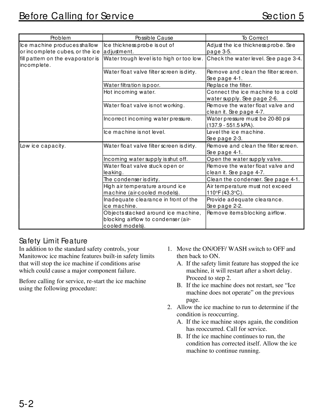 Manitowoc Ice QM45 Series service manual Before Calling for Service Section, Safety Limit Feature 