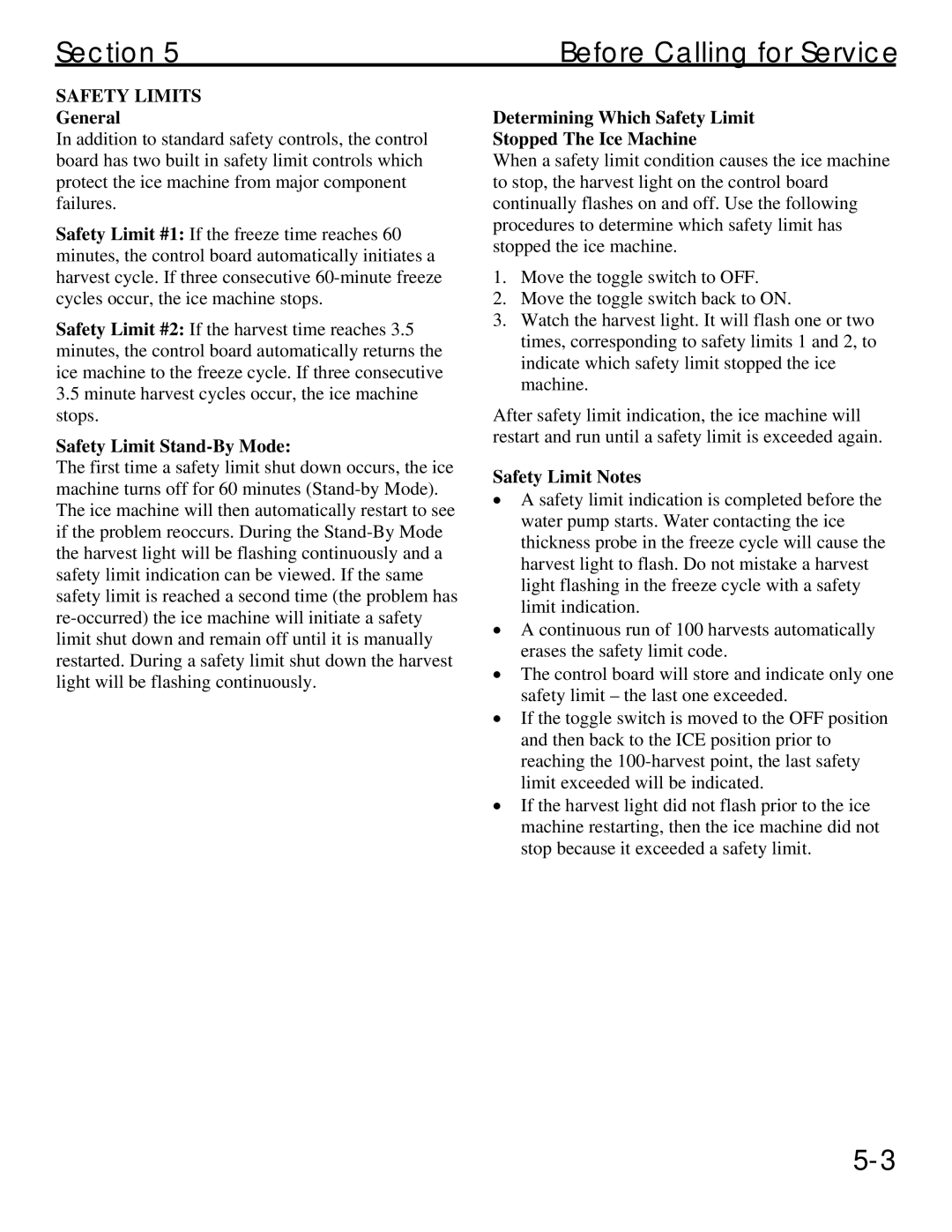 Manitowoc Ice QM45 Series service manual Safety Limits, General, Safety Limit Stand-By Mode, Safety Limit Notes 