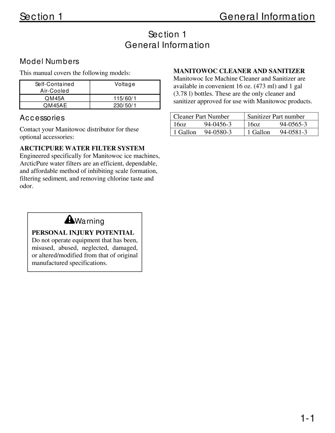 Manitowoc Ice QM45 Series service manual Section General Information, Model Numbers, Accessories 