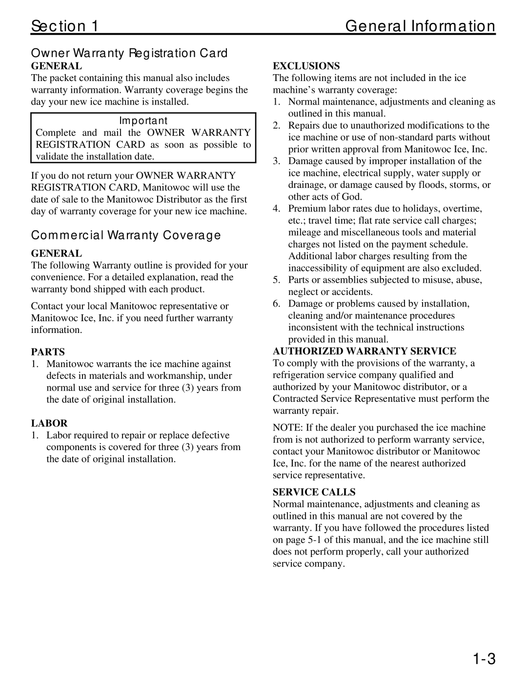 Manitowoc Ice QM45 Series service manual Owner Warranty Registration Card, Commercial Warranty Coverage 