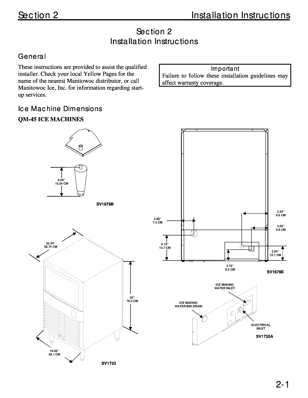 Manitowoc Ice QM45 Series Installation Instructions, Section, General, Ice Machine Dimensions, QM-45ICE MACHINES 