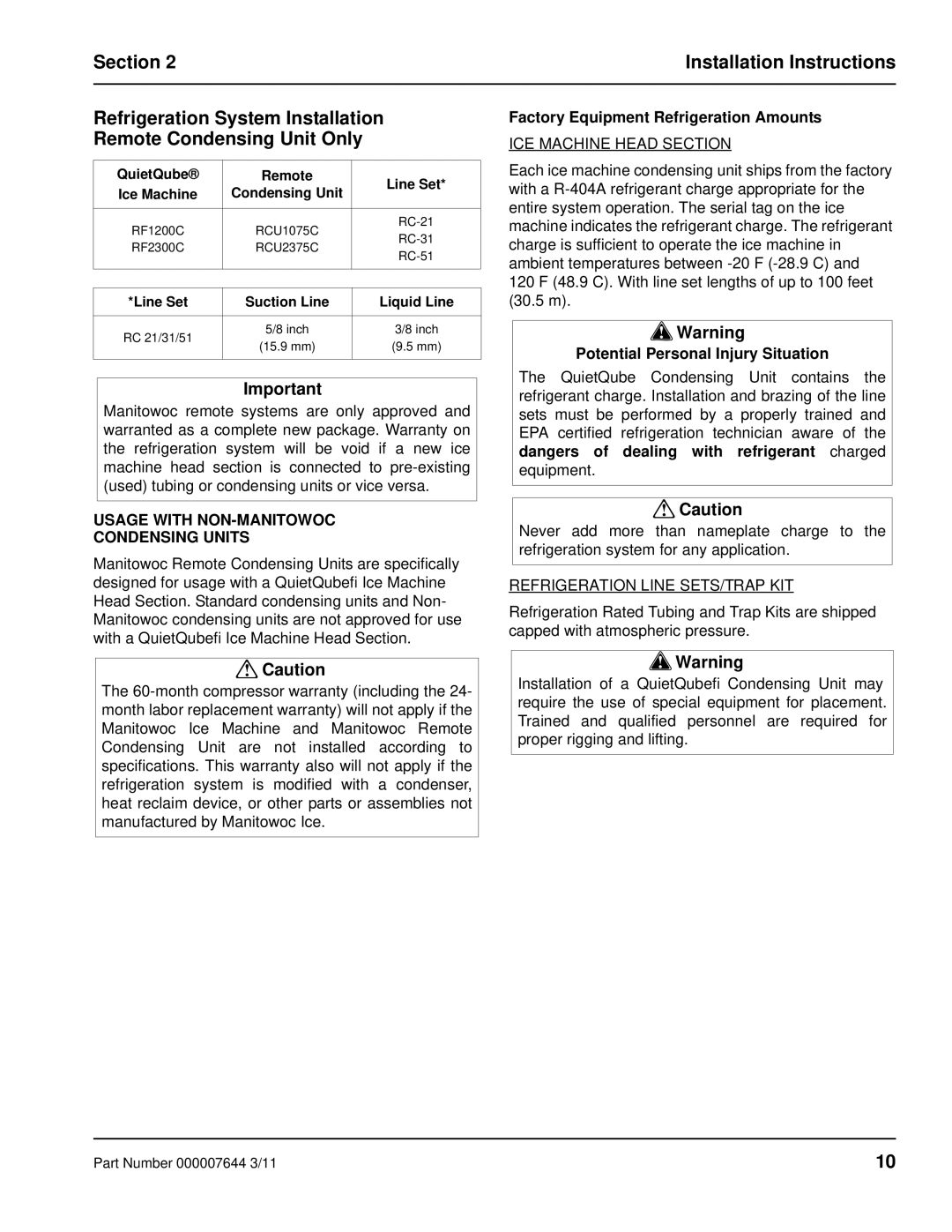 Manitowoc Ice RF manual Usage with NON-MANITOWOC Condensing Units, Factory Equipment Refrigeration Amounts 