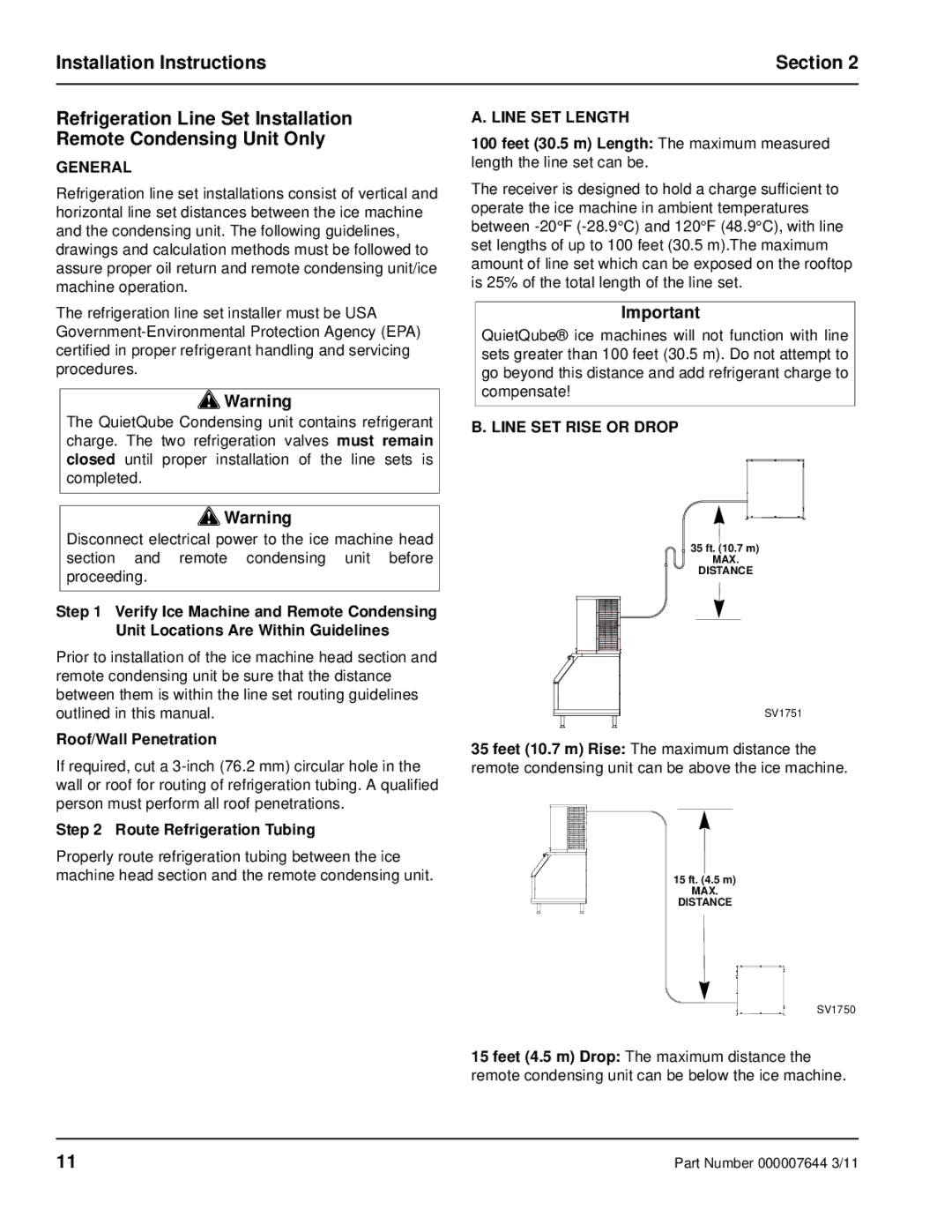 Manitowoc Ice RF manual General, Roof/Wall Penetration, Route Refrigeration Tubing, Line SET Length, Line SET Rise or Drop 