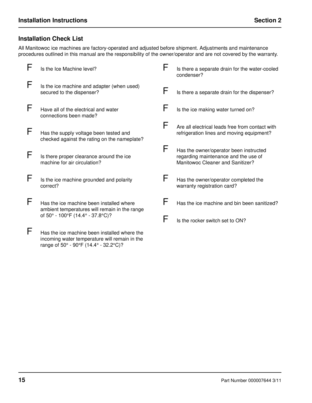 Manitowoc Ice RF manual Installation Instructions Section Installation Check List 