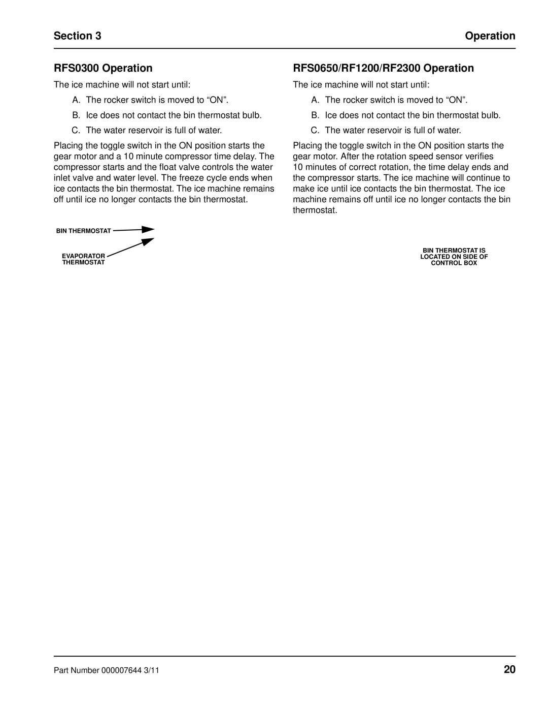 Manitowoc Ice manual Section Operation RFS0300 Operation, RFS0650/RF1200/RF2300 Operation 