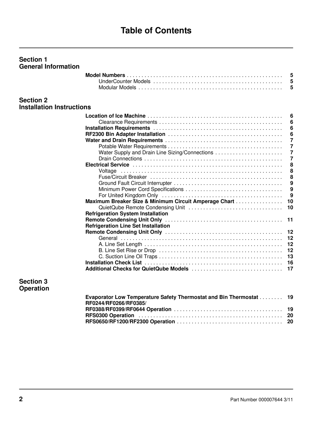 Manitowoc Ice RF manual Table of Contents 