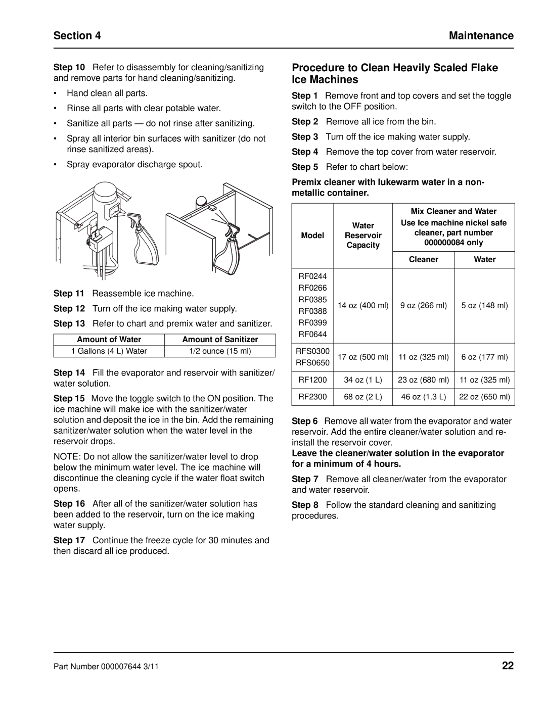 Manitowoc Ice RF manual Section Maintenance, Procedure to Clean Heavily Scaled Flake Ice Machines 