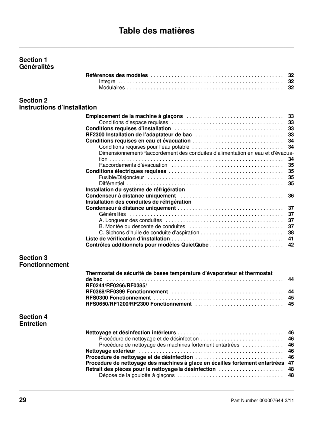 Manitowoc Ice RF Table des matières, Section Généralités, Section Instructions d’installation, Section Fonctionnement 