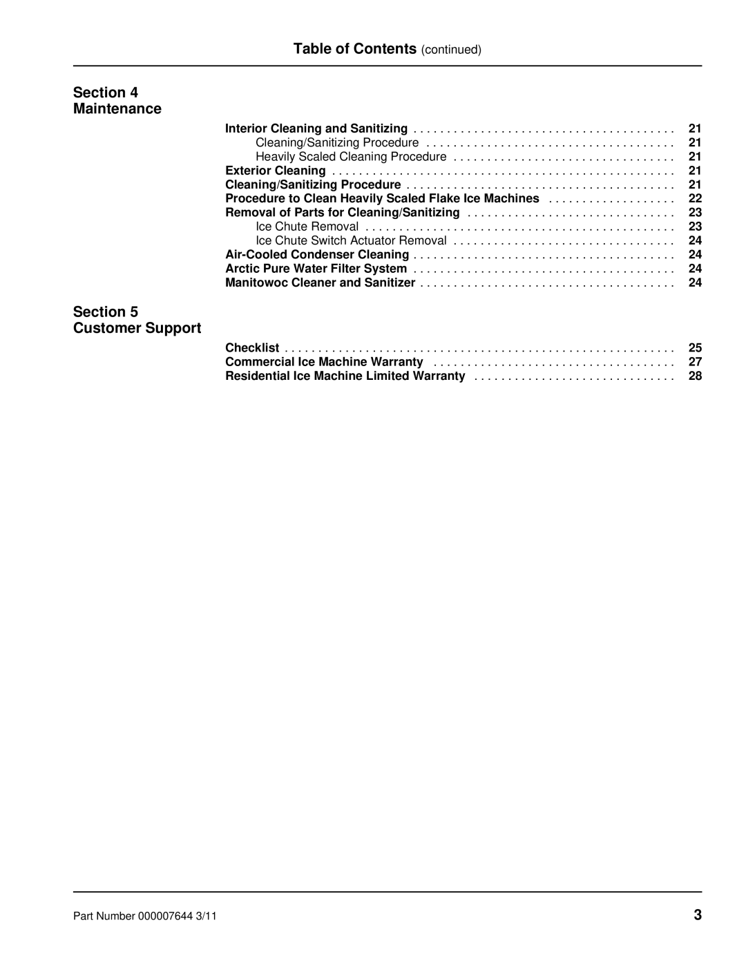 Manitowoc Ice RF manual Table of Contents Section Maintenance, Section Customer Support 